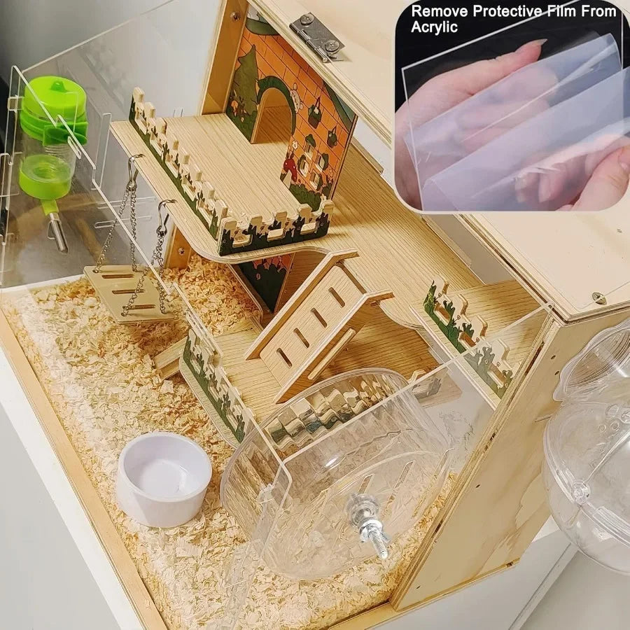 Wooden Hamster Cage With Acrylic Panels And Accessories