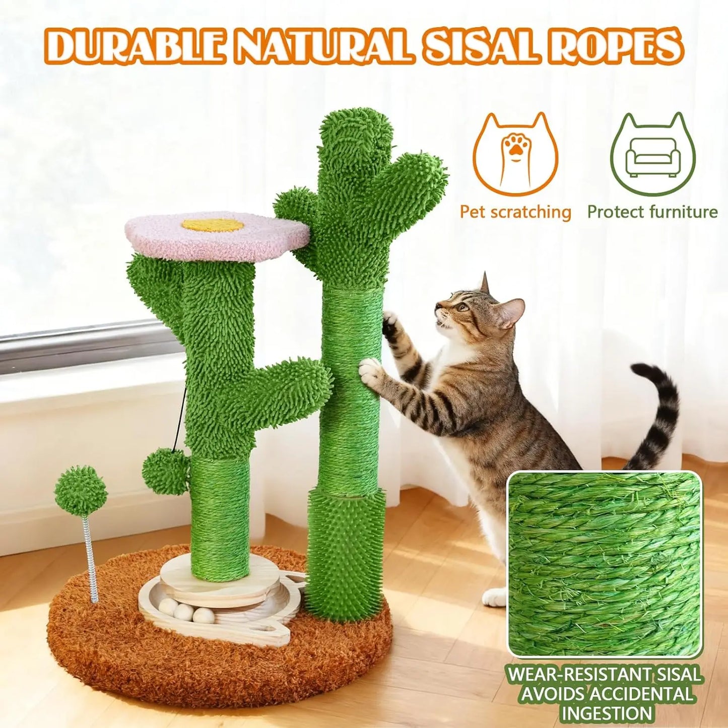 Diy Cactus Cat Scratching Post With Brush Ball Toy Sisal