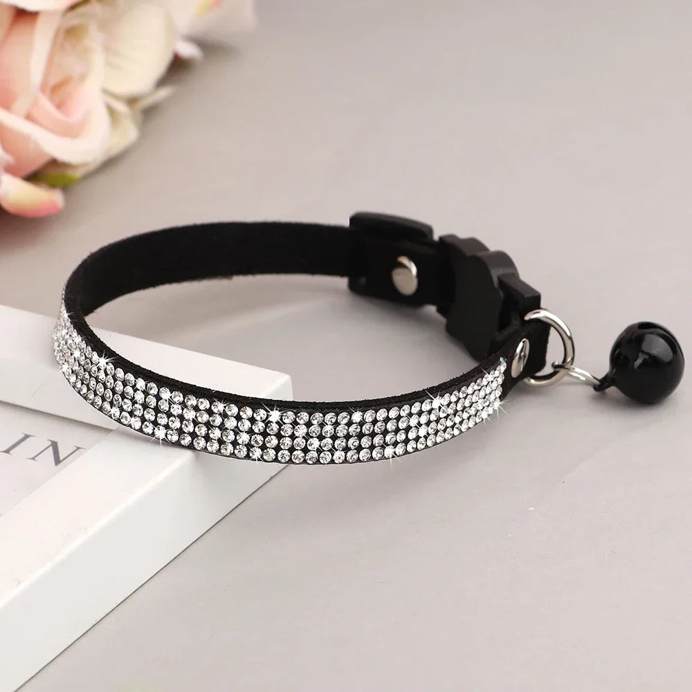 Soft Suede Cat Collar Rhinestone Bling with Bell Safety Breakaway