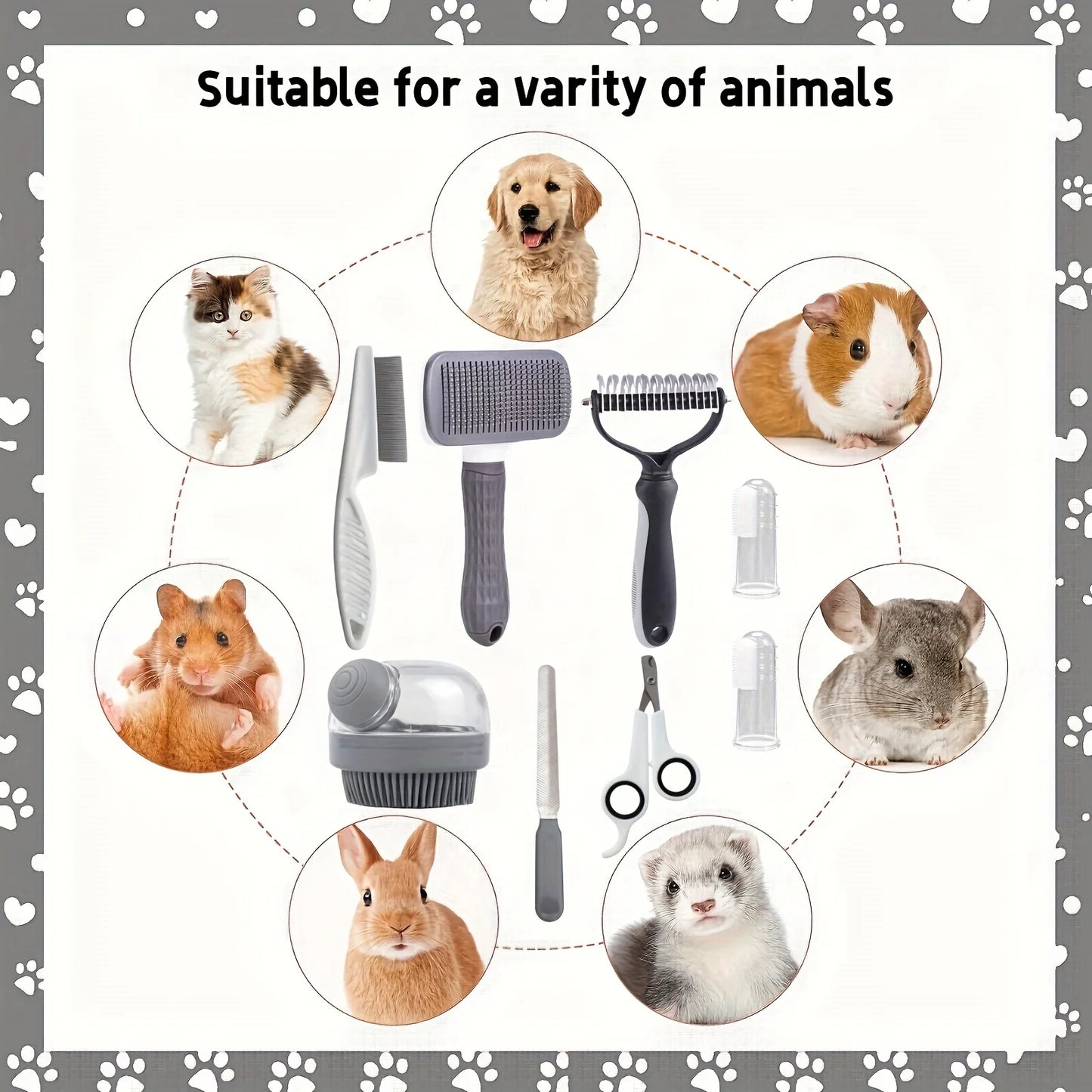 Dog Grooming Kit 8 Piece Self Cleaning Set With Nail Clippers Bath Brush