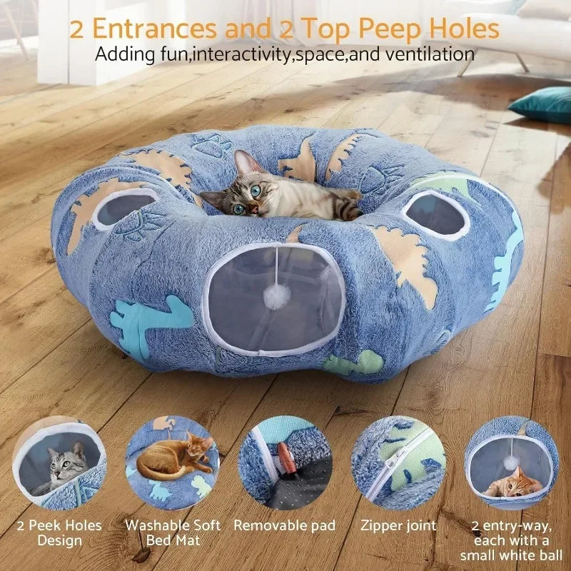 Maxetodo Foldable Cat Tunnel With Washable Bed 4 Entry Points