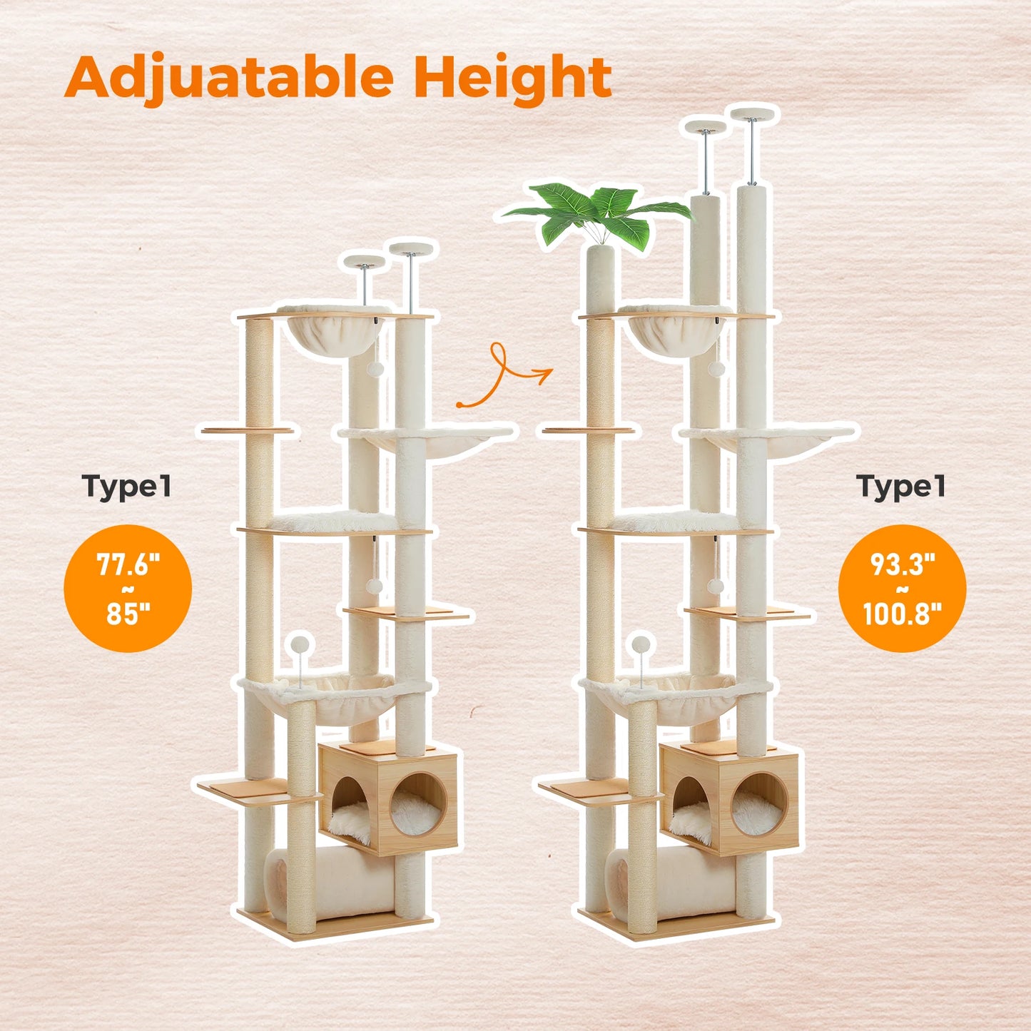 PAWZ Road Adjustable Wooden Cat Tree With Hammock Sisal Posts