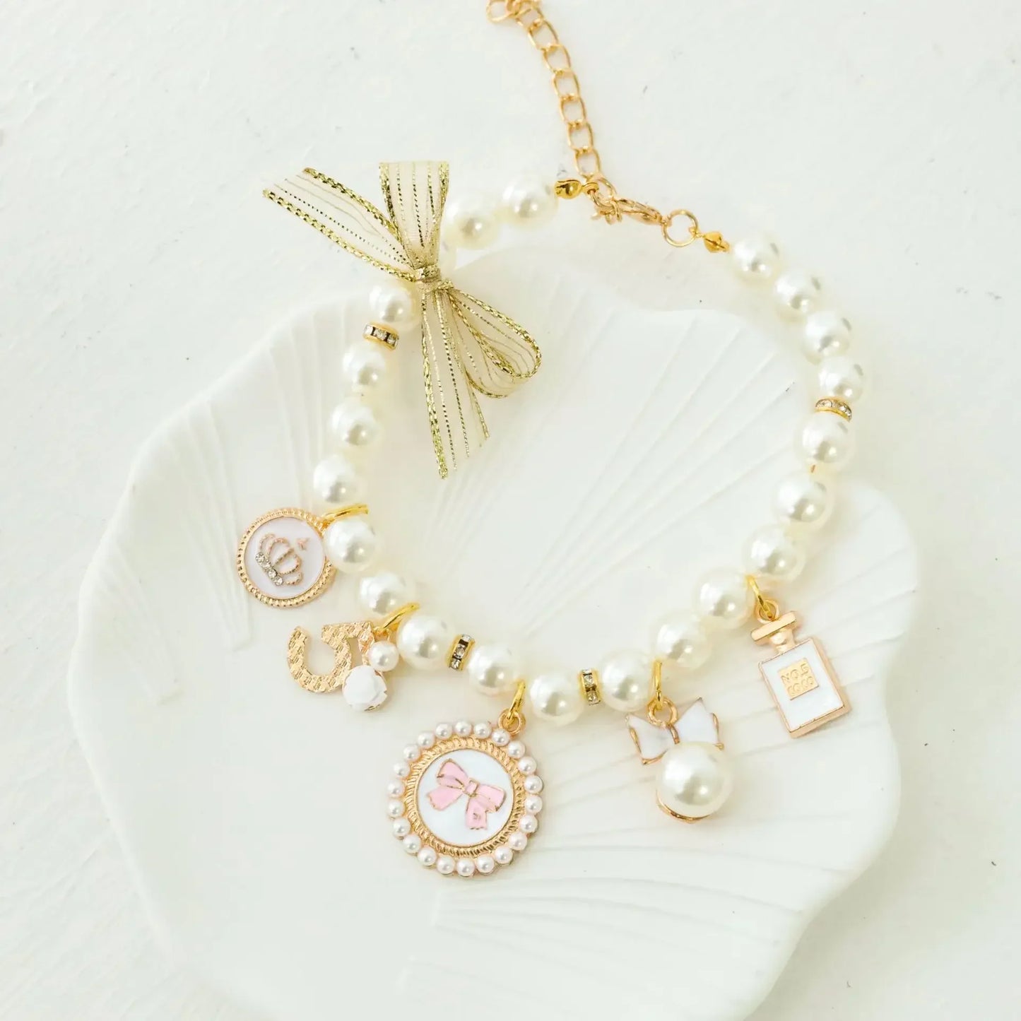 Pet Bow Pearl Collar Cat Jewelry Pendant Rhinestone Dog Necklace