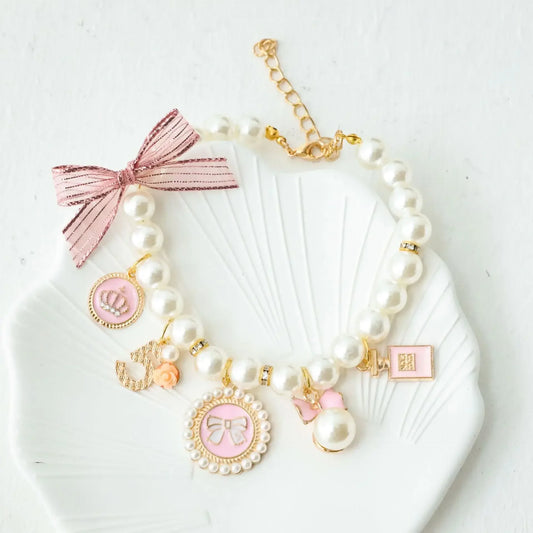 Pet Bow Pearl Collar Jewelry With Rhinestone For Cats And Dogs