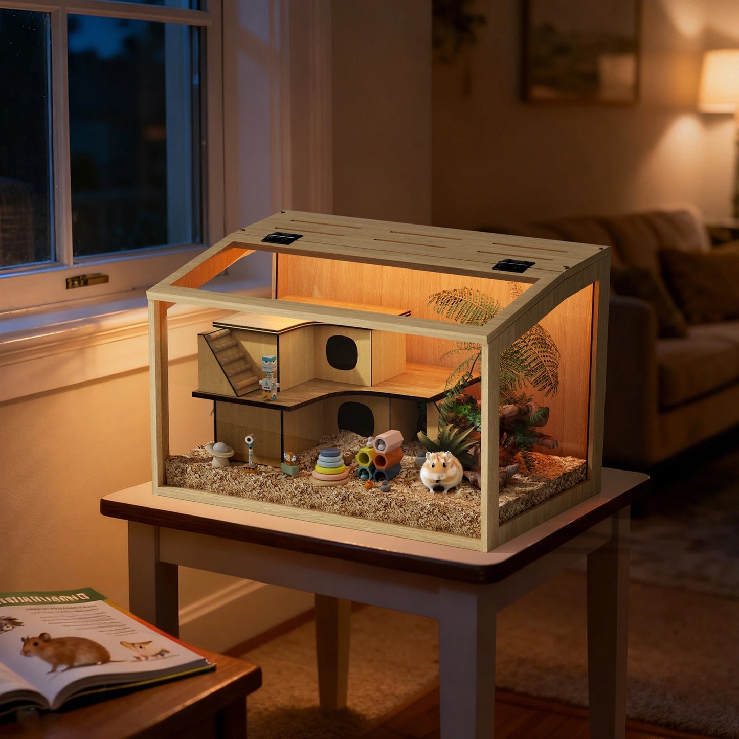 NONECN Wooden Hamster Cage with Glass Panels Open Top Habitat