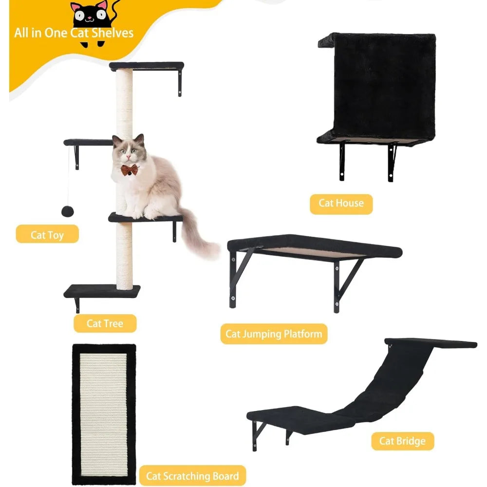 Five Piece Wall Mounted Cat Shelves And Scratcher Set