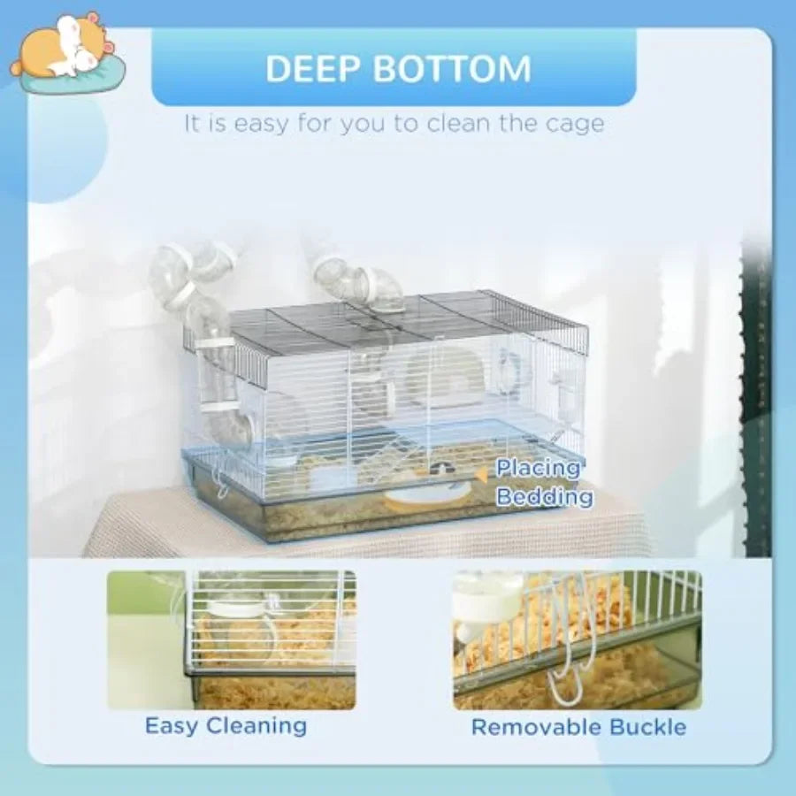 NONECN Hamster Cage 2 Levels With Tubes And Exercise Wheel