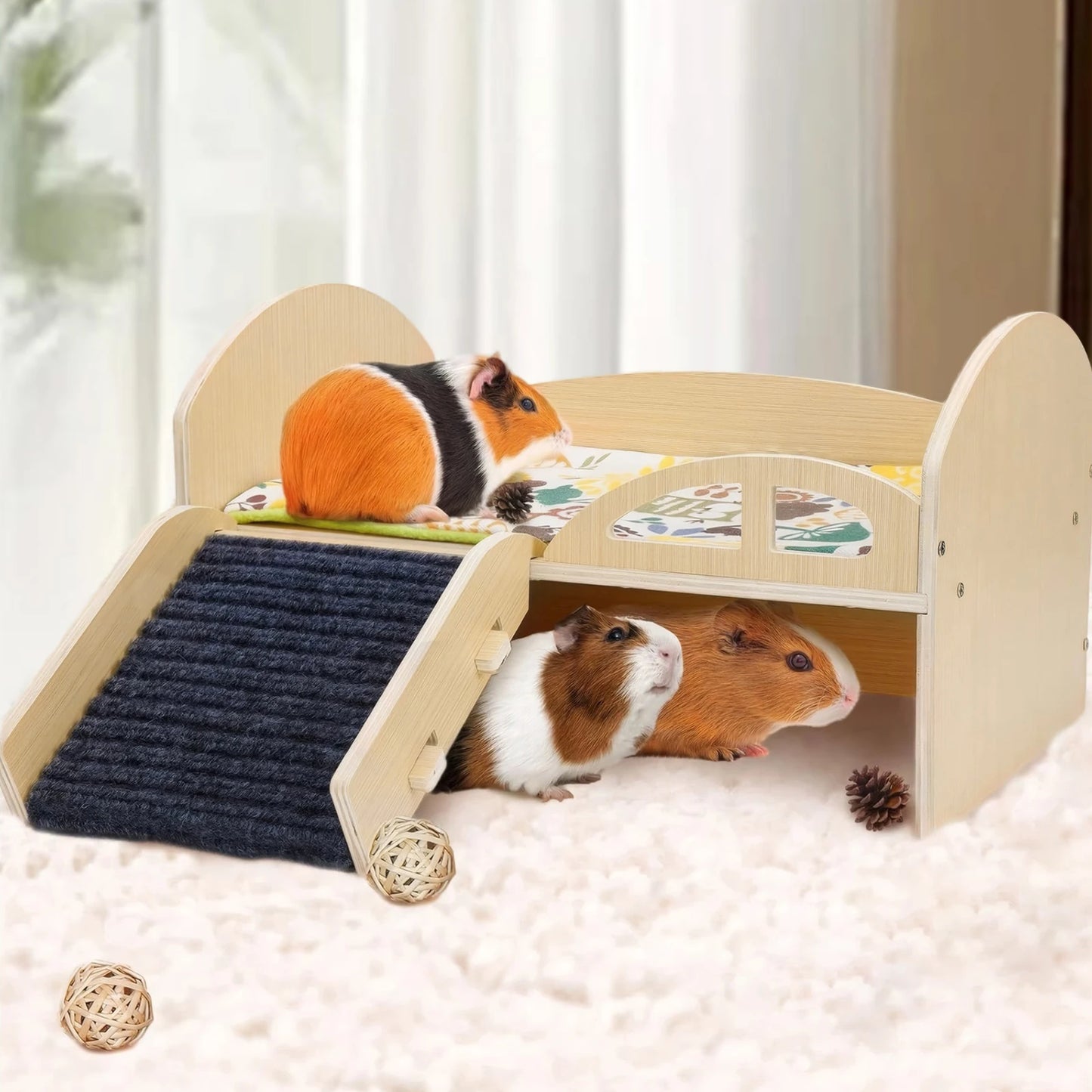 Guinea Hideout Platform With Stable Stairs Wooden Small Pet Bed
