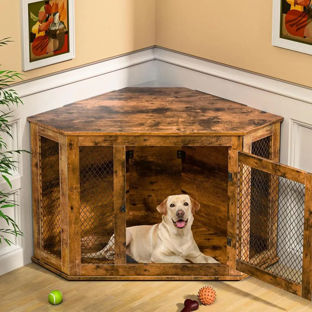 Wooden Dog Crate End Table With Mesh For Indoor Use