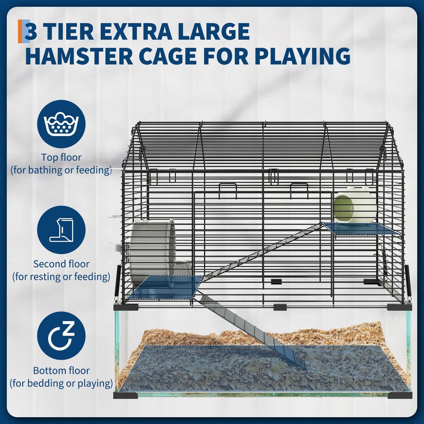 Studyset Hamster Cage With Deep Tempered Glass Bottom 3 Tiers