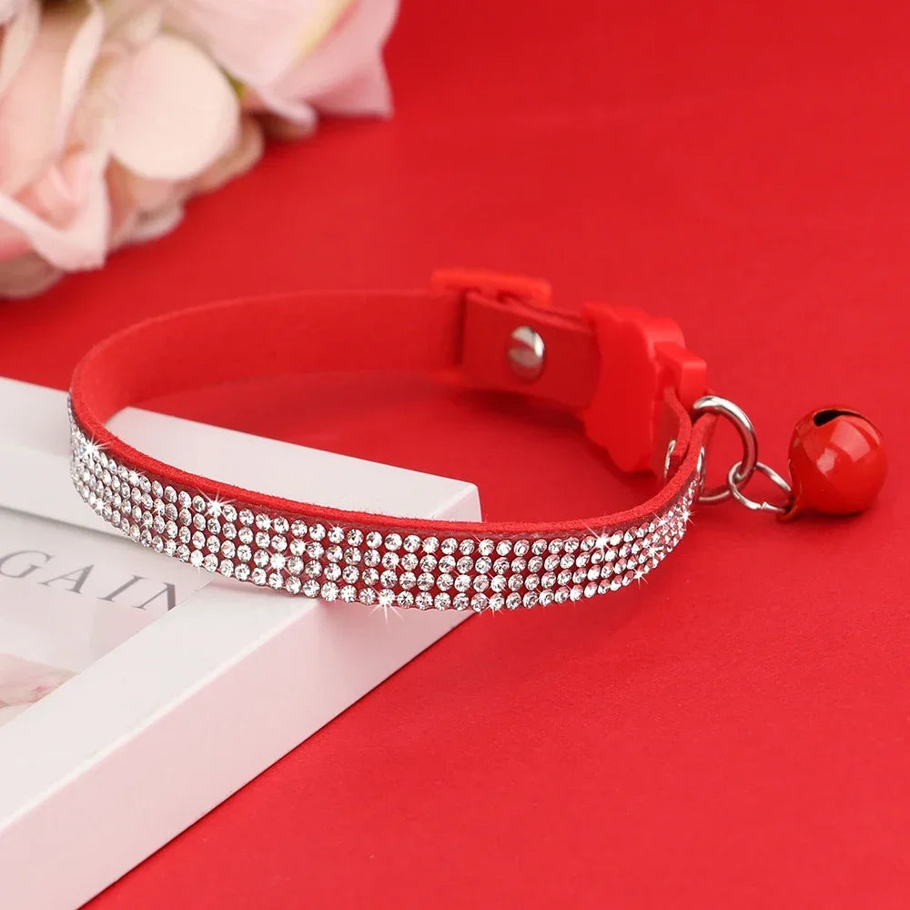 Soft Suede Cat Collar Rhinestone Bling with Bell Safety Breakaway