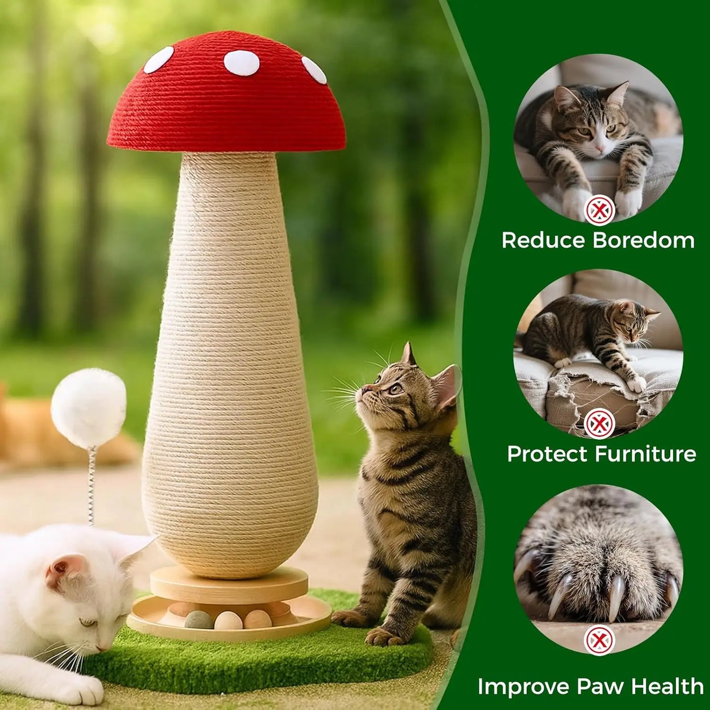 Mushroom Cat Scratching Post With Sisal Ball And Wood Tower