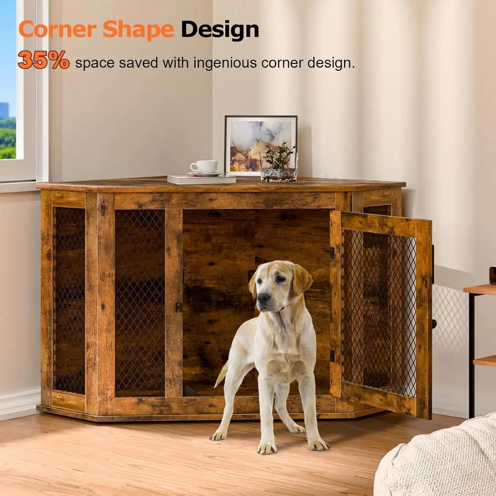 Wooden Dog Crate End Table With Mesh For Indoor Use