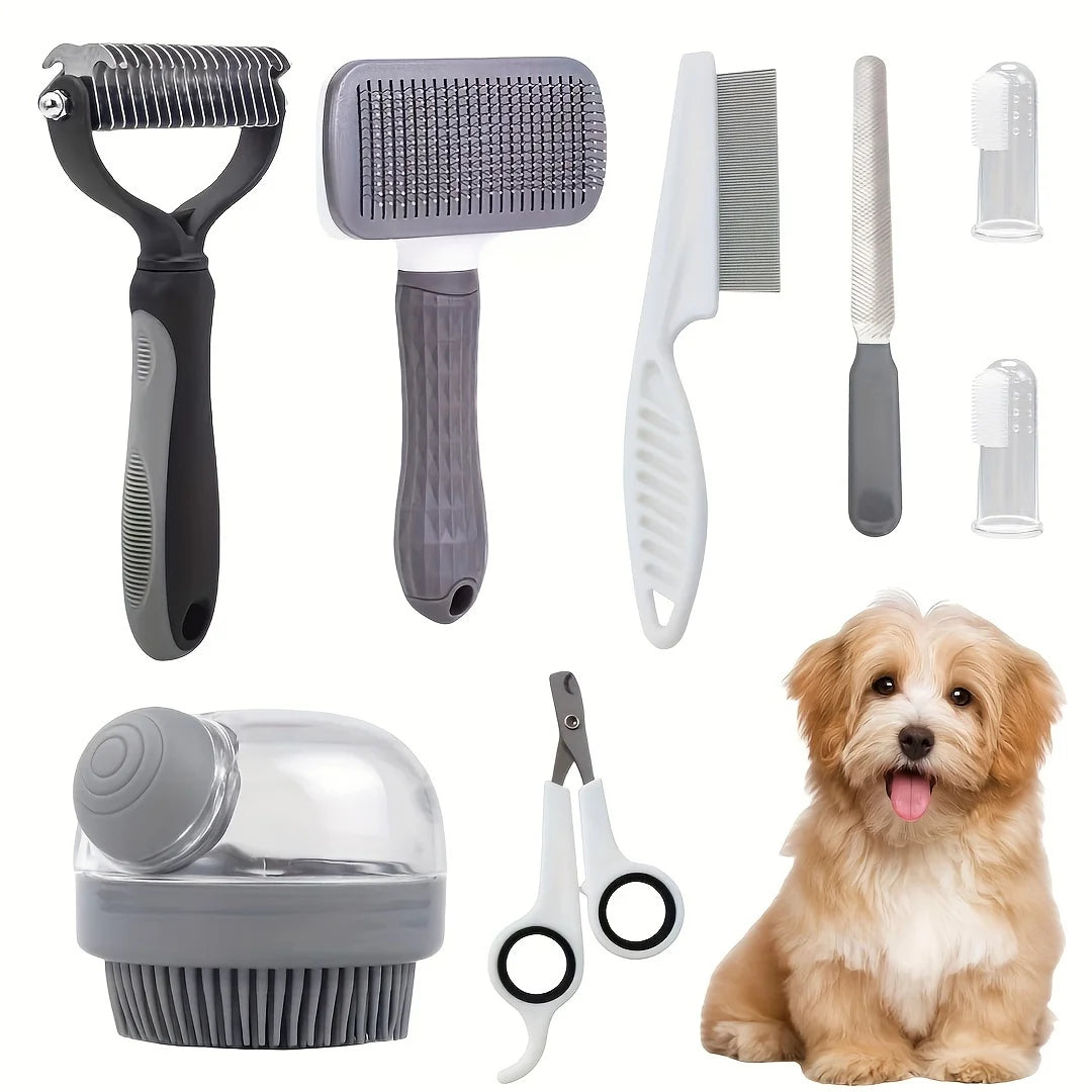 Dog Grooming Kit 8 Piece Self Cleaning Set With Nail Clippers Bath Brush