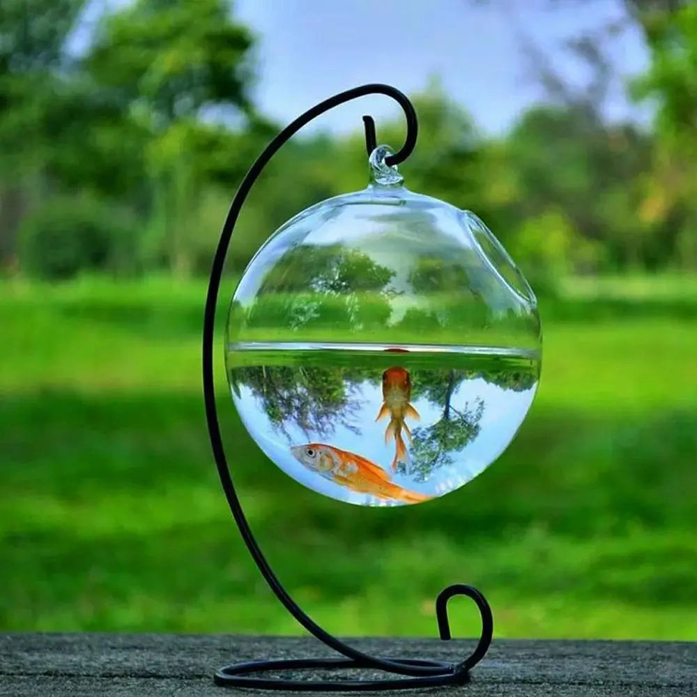 Hanging Glass Fish Bowl With Rack Holder For Home Decoration