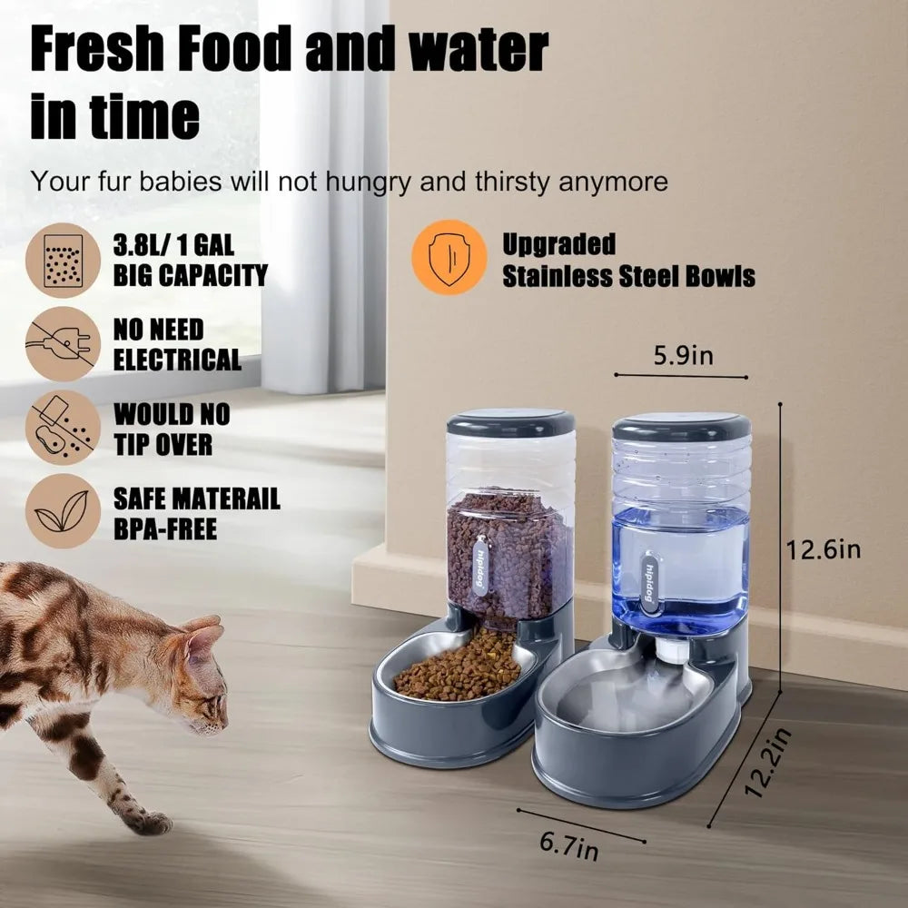 Automatic Pet Feeder And Water Dispenser With Stainless Steel Bowls