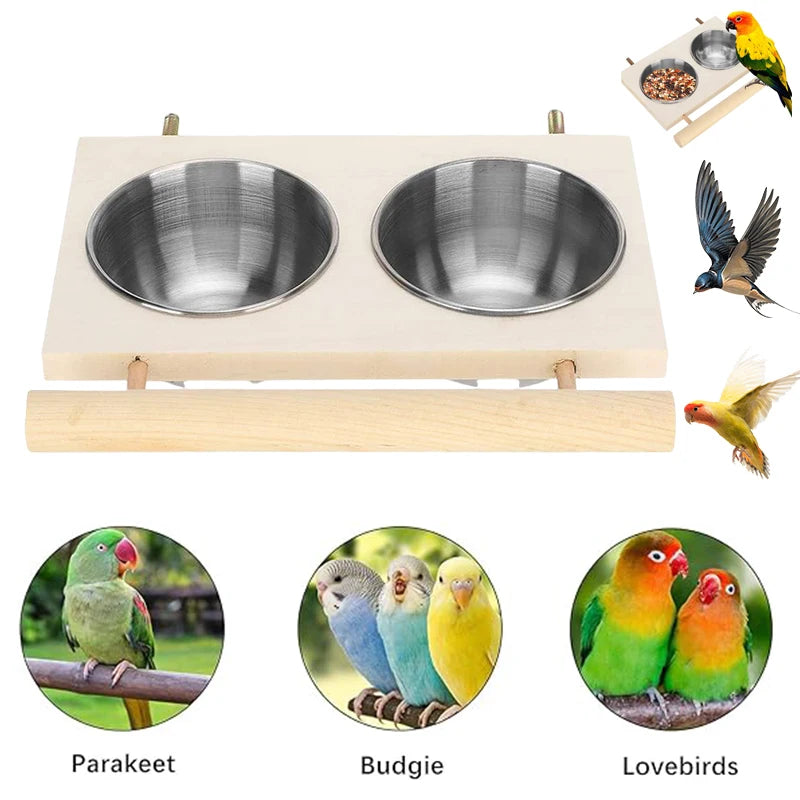 Stainless Steel Bird Feeder With Wooden Stand Double Bowls