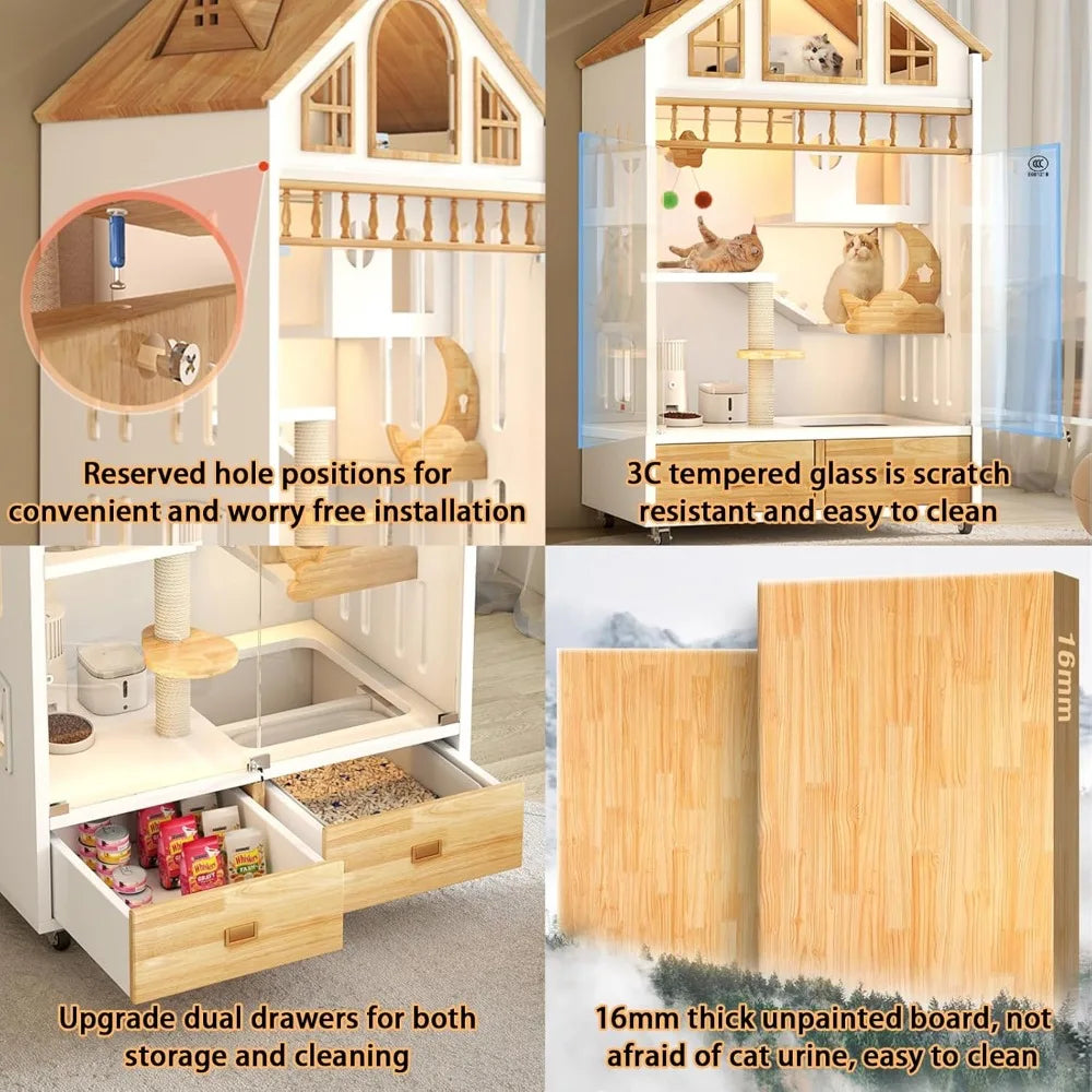 Enclosed Cat Condo Wooden Indoor House With Litter Box On Wheels