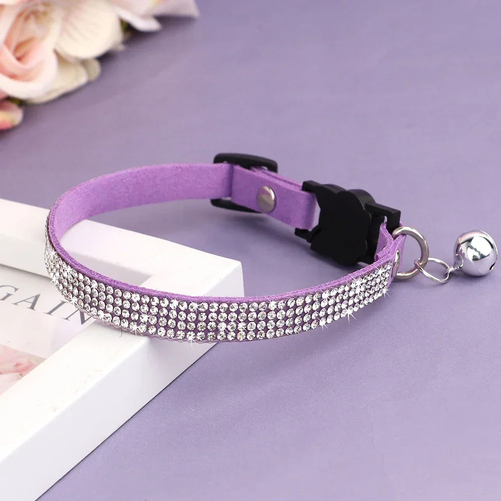 Soft Suede Cat Collar Rhinestone Bling with Bell Safety Breakaway