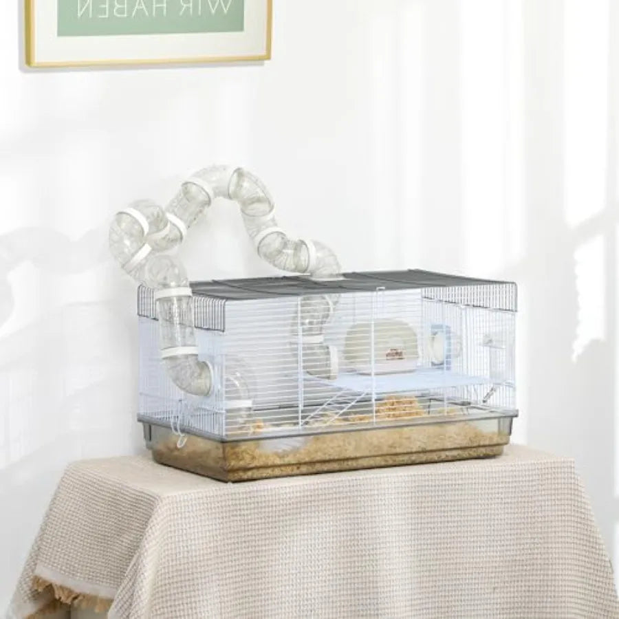 NONECN Hamster Cage 2 Levels With Tubes And Exercise Wheel