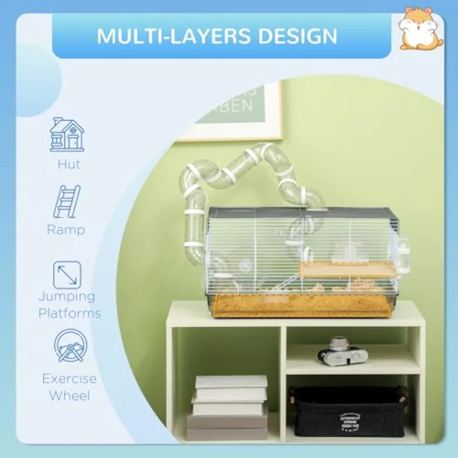 NONECN Hamster Cage 2 Levels With Tubes And Exercise Wheel