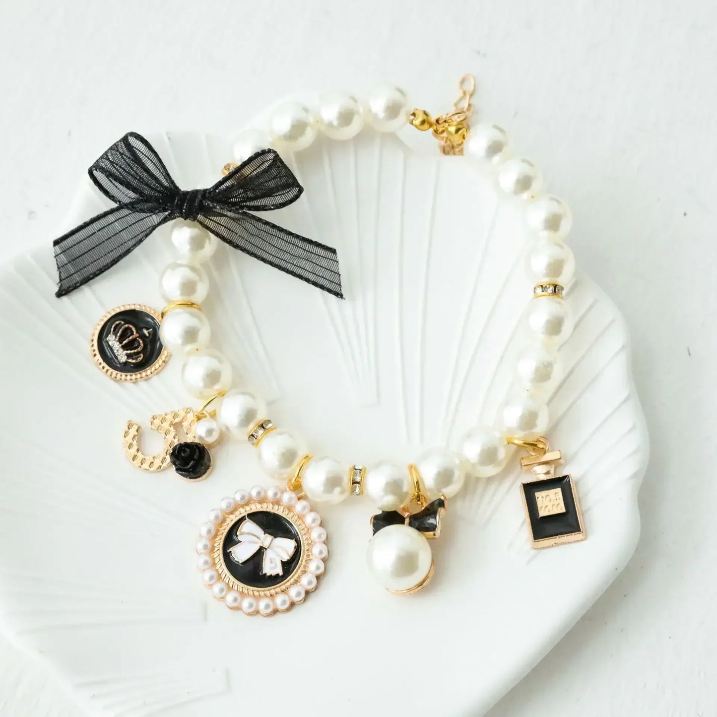 Pet Bow Pearl Collar Jewelry With Rhinestone For Cats And Dogs