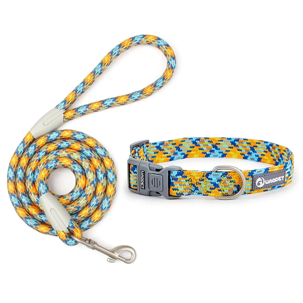 Leashes and Collar Set for Dogs Reflective Plaid Pattern