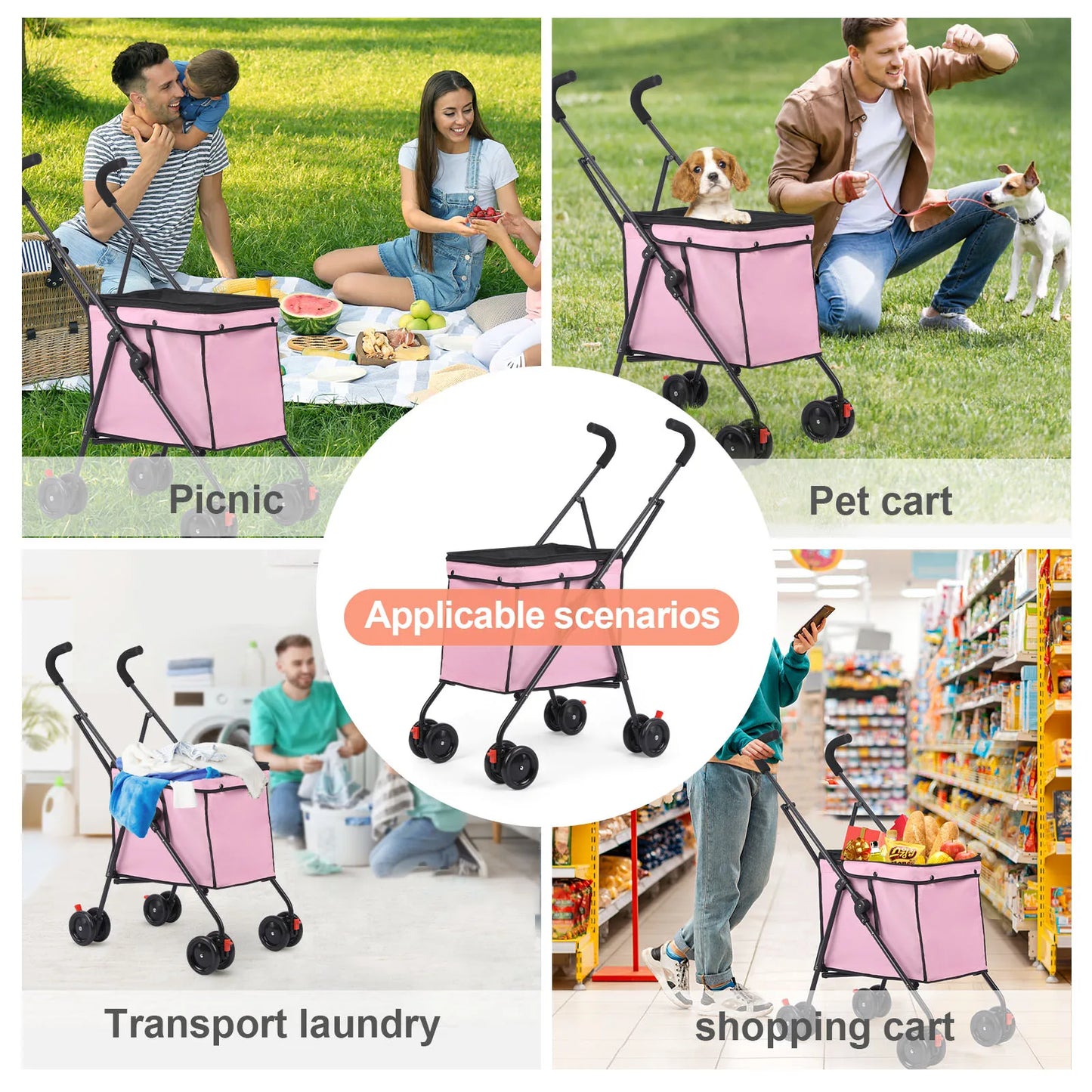 Wedyvko Shopping Trolley Dog Stroller Four Wheels Folding Cart