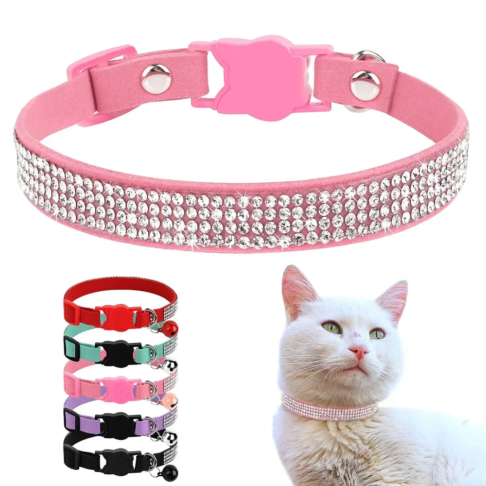 Soft Suede Cat Collar Rhinestone Bling with Bell Safety Breakaway