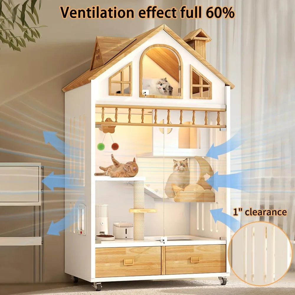 Enclosed Cat Condo Wooden Indoor House With Litter Box On Wheels