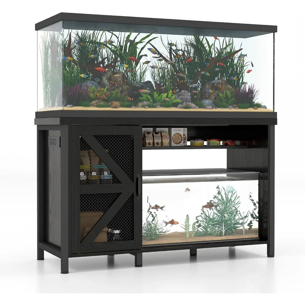 Wooden Aquarium Stand With Storage And LED Lighting Power Outlets