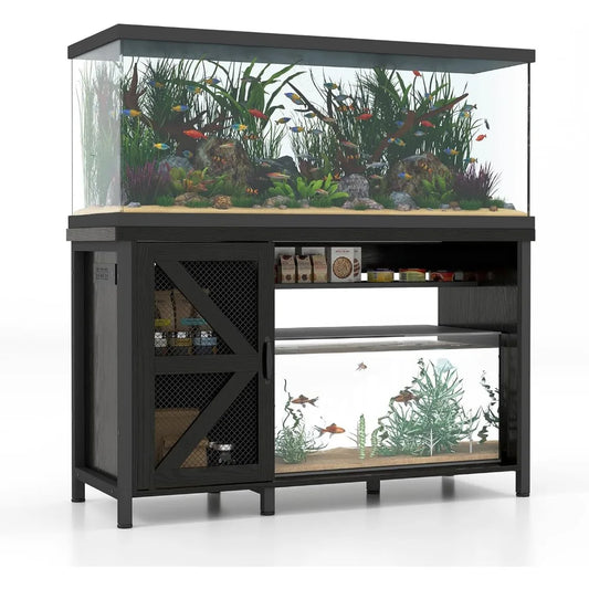 Wooden Aquarium Stand With Storage And LED Lighting Power Outlets