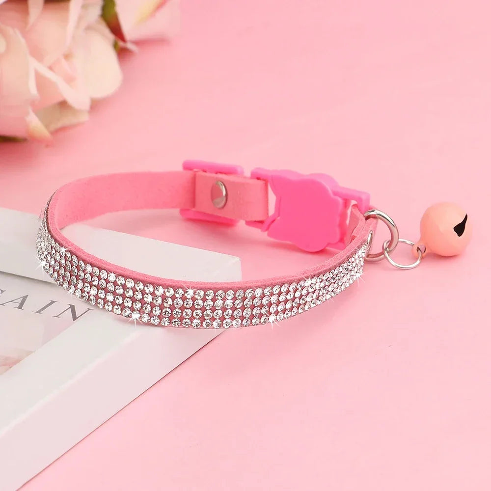 Soft Suede Cat Collar Rhinestone Bling with Bell Safety Breakaway