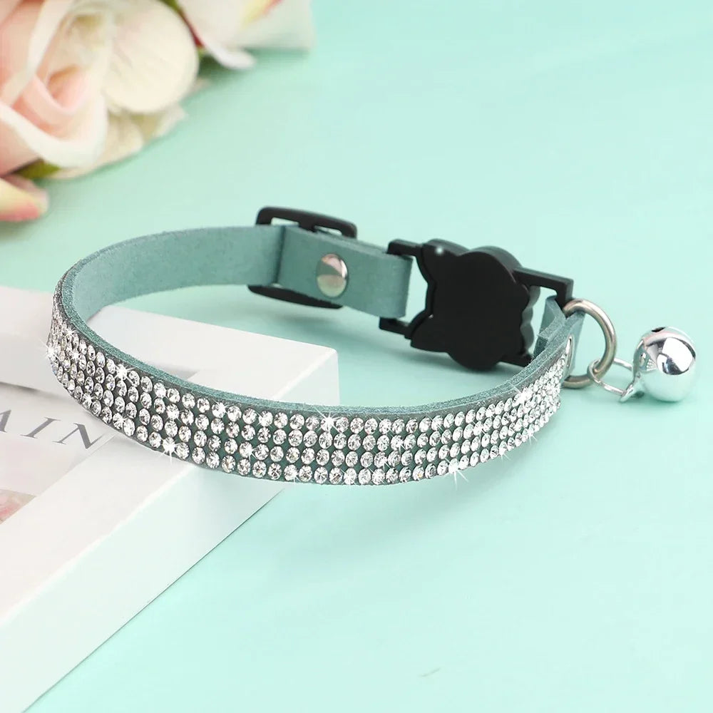 Soft Suede Cat Collar Rhinestone Bling with Bell Safety Breakaway