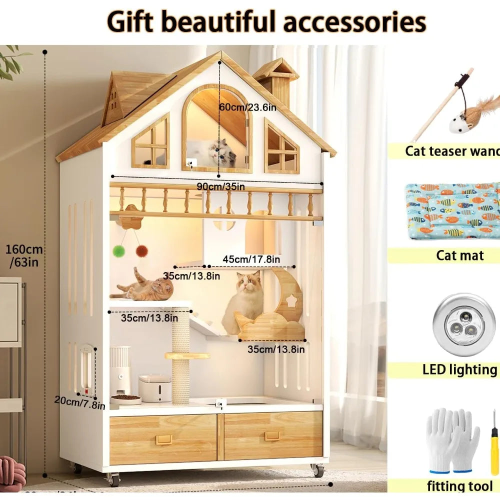 Enclosed Cat Condo Wooden Indoor House With Litter Box On Wheels