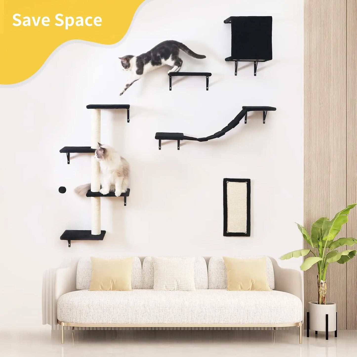 Wall Mounted Cat Shelves 5 Piece Wooden Climber Set