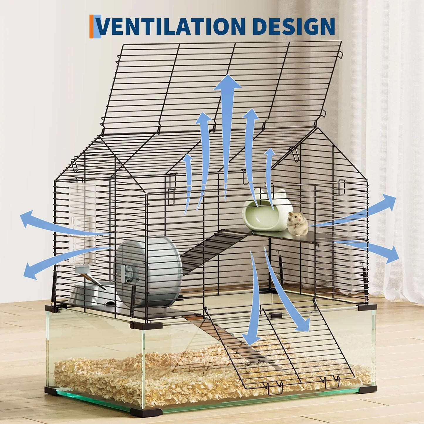 Studyset Hamster Cage With Deep Tempered Glass Bottom 3 Tiers