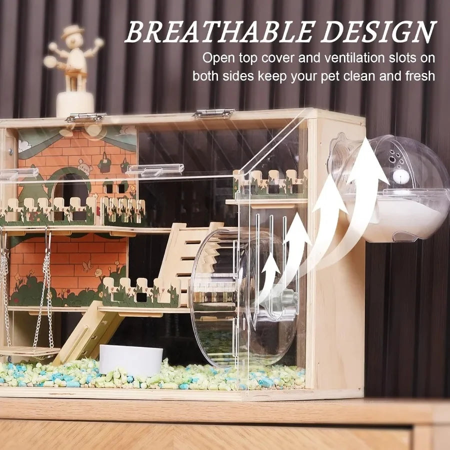 Wooden Hamster Cage With Acrylic Panels And Accessories