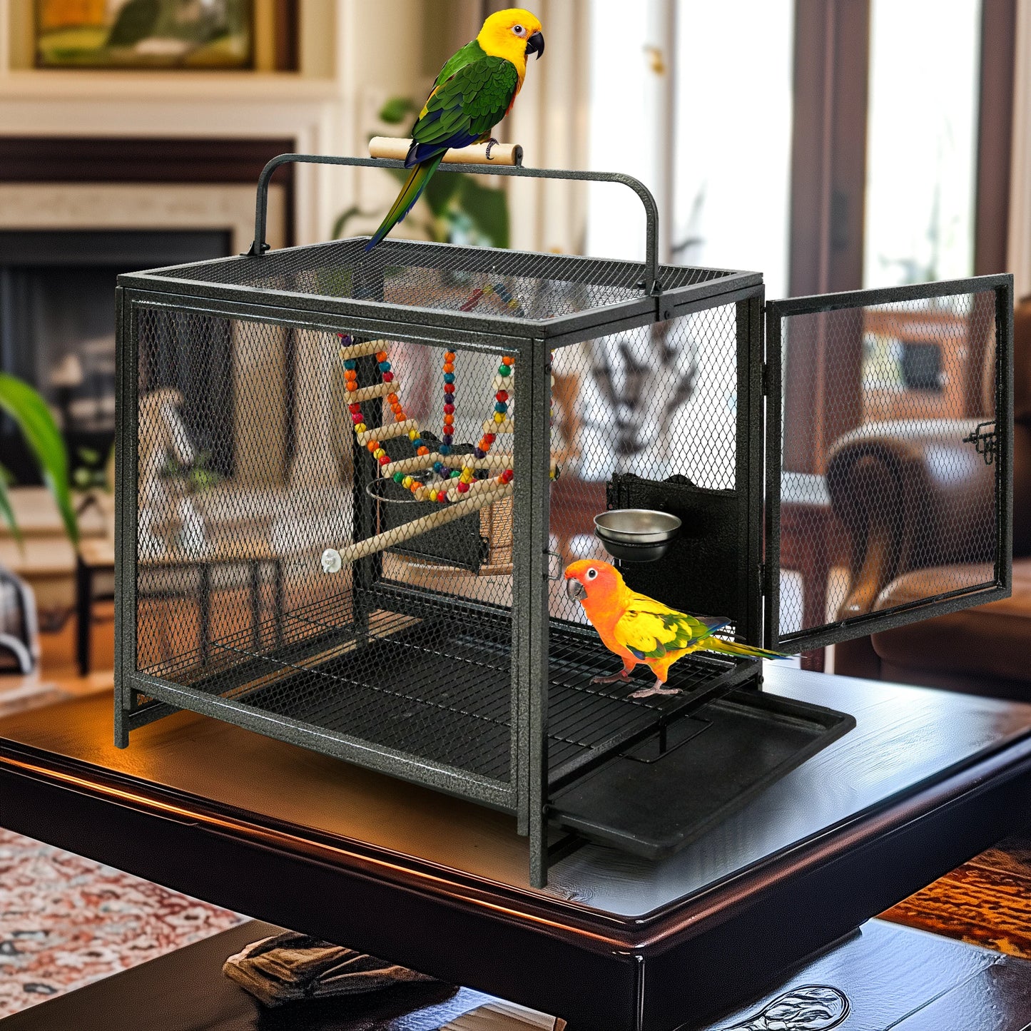 Wrought Iron Travel Bird Cage With Seed Guard And Perch