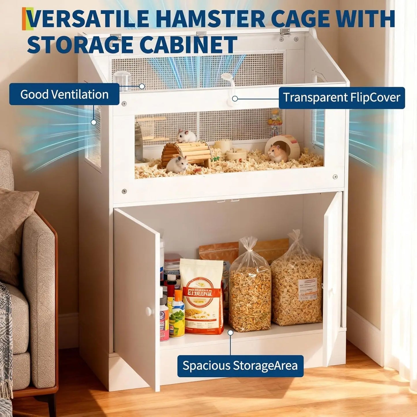 HiMISSCN Hamster Cage with Storage Cabinet and Easy View Panels