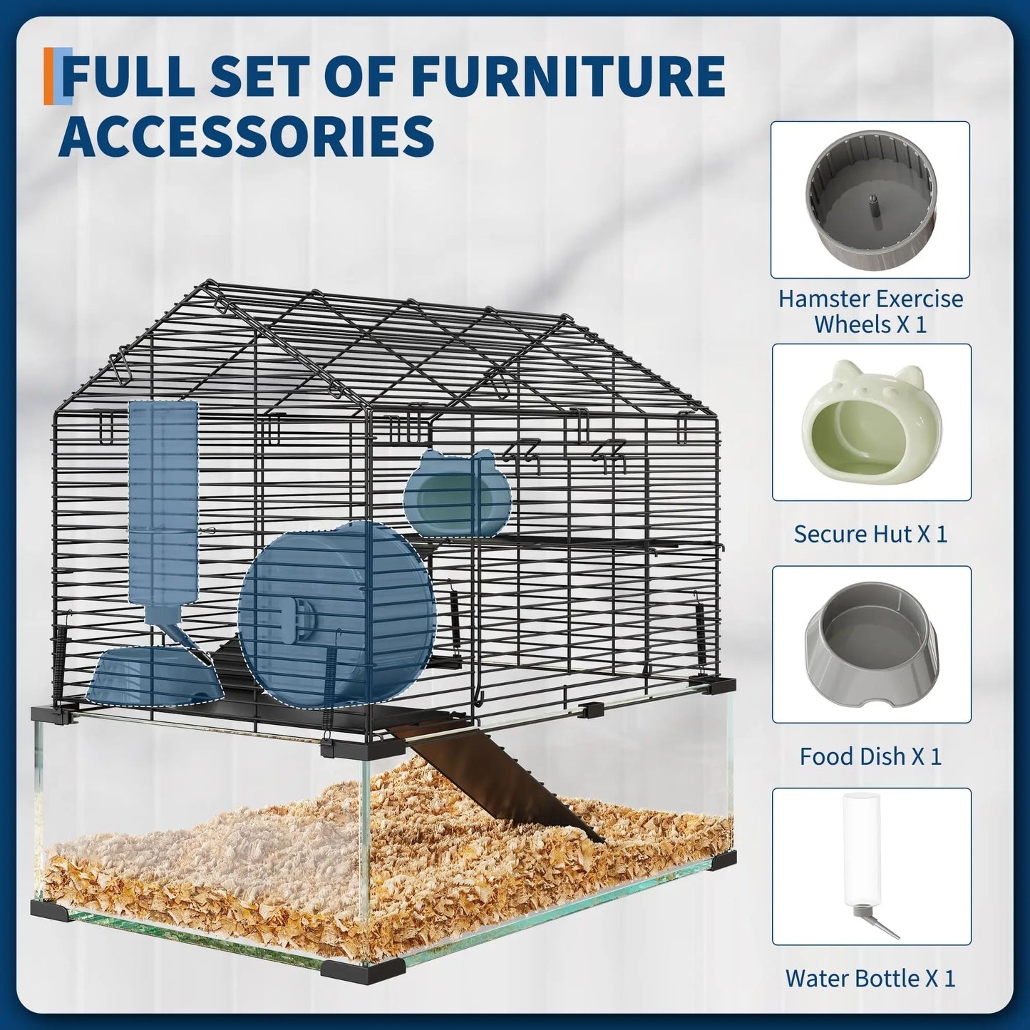 Studyset Hamster Cage With Deep Tempered Glass Bottom 3 Tiers