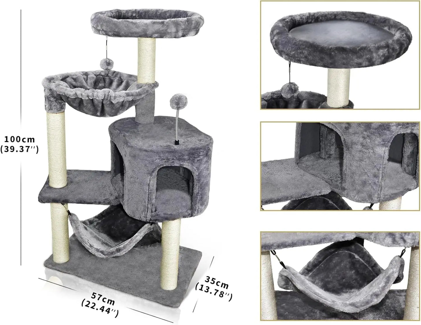 Cat Tree With Condo And Plush Hammock For Indoor Cats