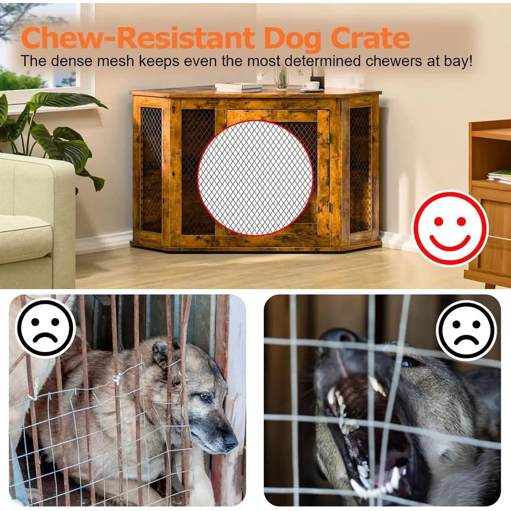 Wooden Dog Crate End Table With Mesh For Indoor Use