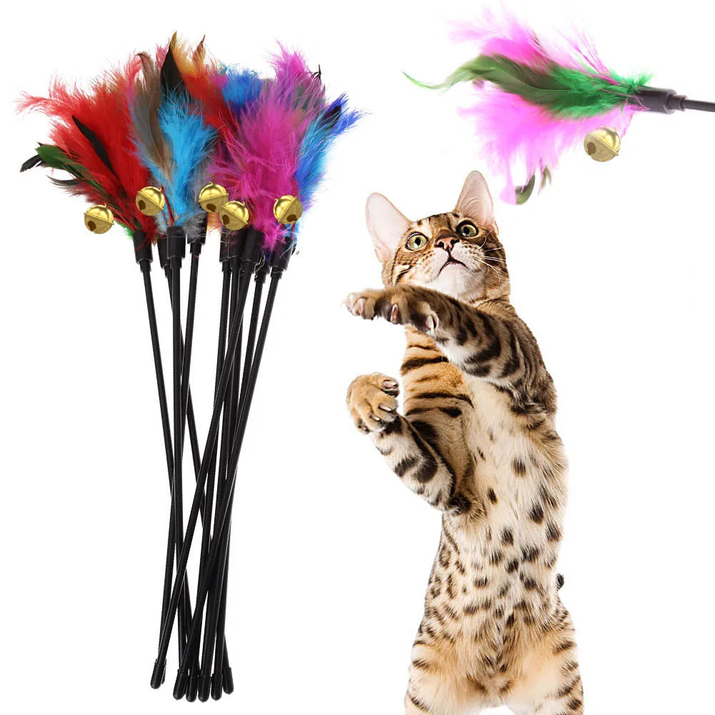 APWIKOGERCat Short Rod Interactive Cat Wand Feather Bell Toy