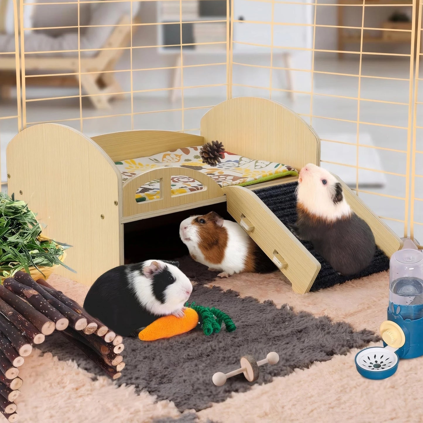 Guinea Hideout Platform With Stable Stairs Wooden Small Pet Bed