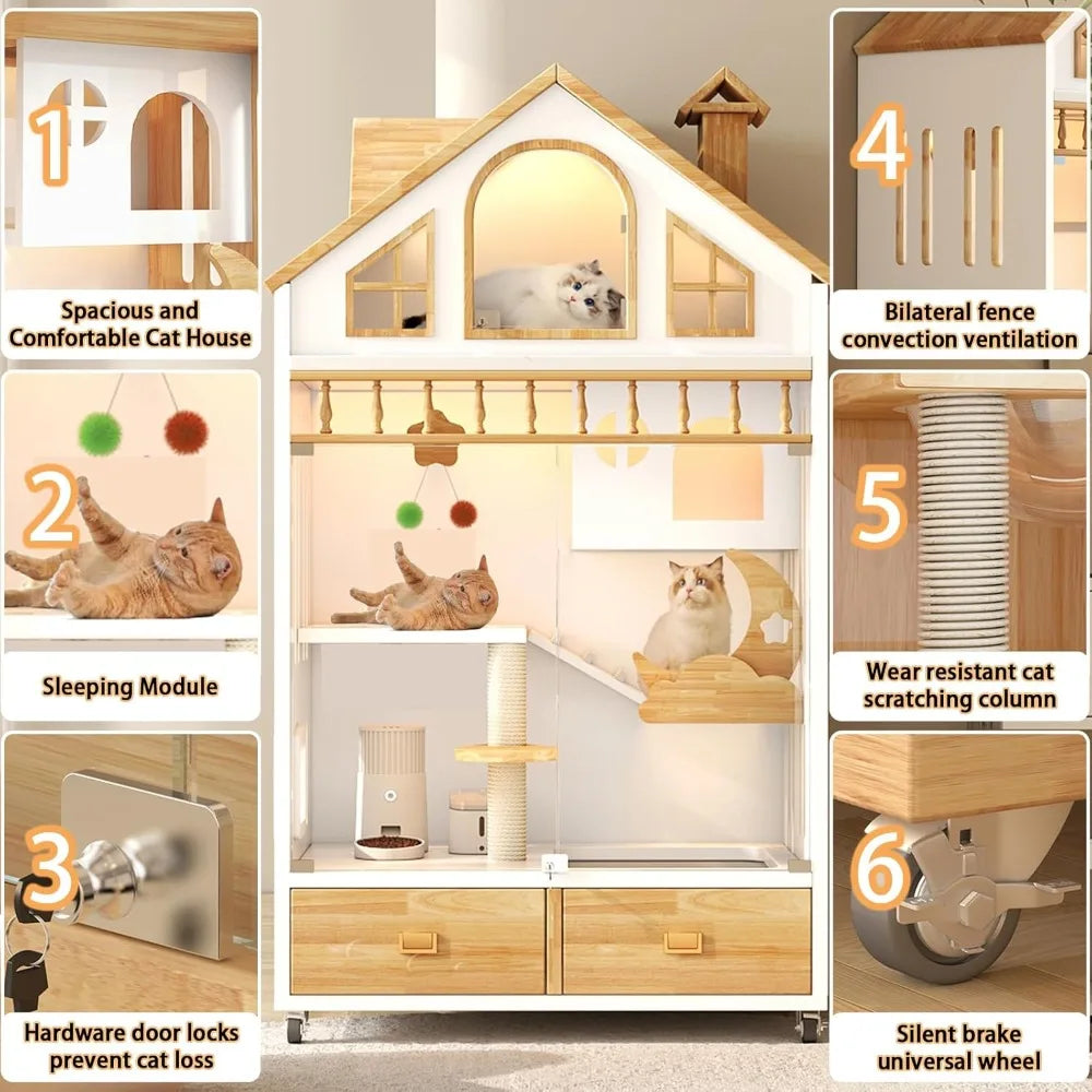 Enclosed Cat Condo Wooden Indoor House With Litter Box On Wheels