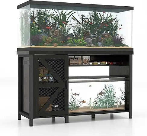 Wooden Aquarium Stand With Storage And LED Lighting Power Outlets
