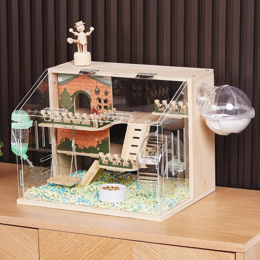 Wooden Hamster Cage With Acrylic Panels And Accessories
