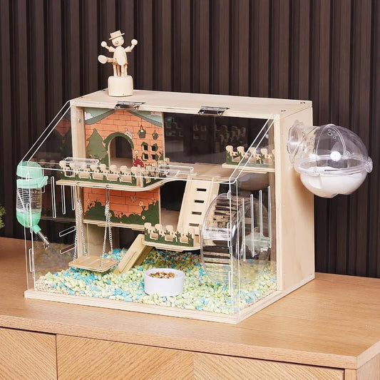 Wooden Hamster Cage With Acrylic Panels And Accessories