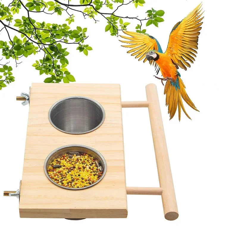 Stainless Steel Bird Feeder With Wooden Stand Double Bowls